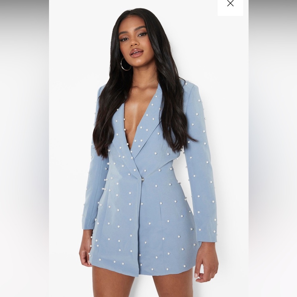 Powder Blue Pearl Detail Blazer Dress